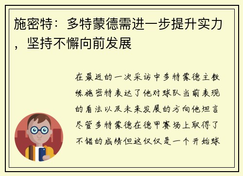 施密特：多特蒙德需进一步提升实力，坚持不懈向前发展